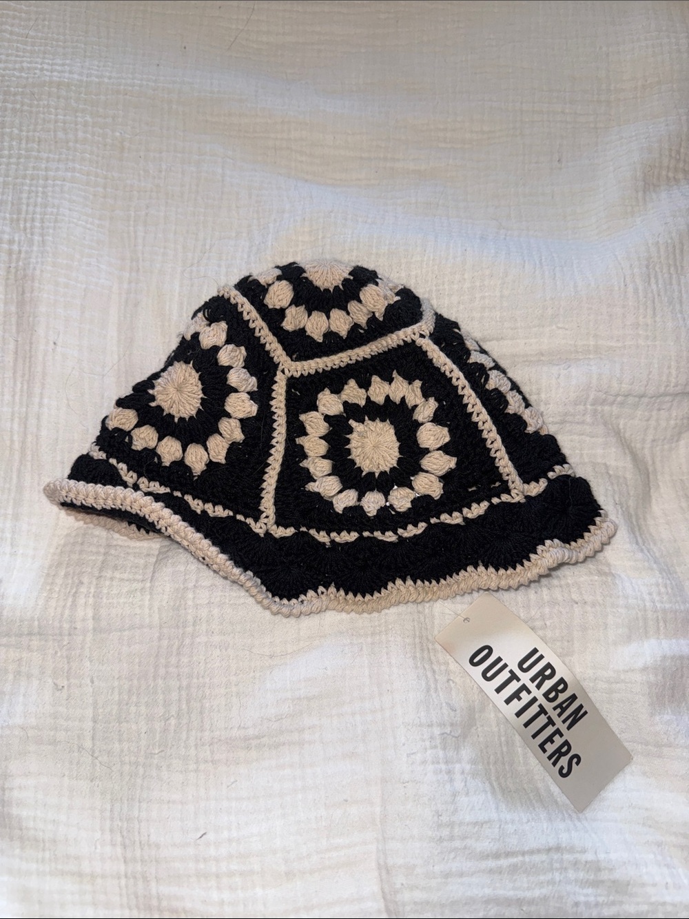 Urban Outfitters Black & Cream Crochet Floral Bucket Hat